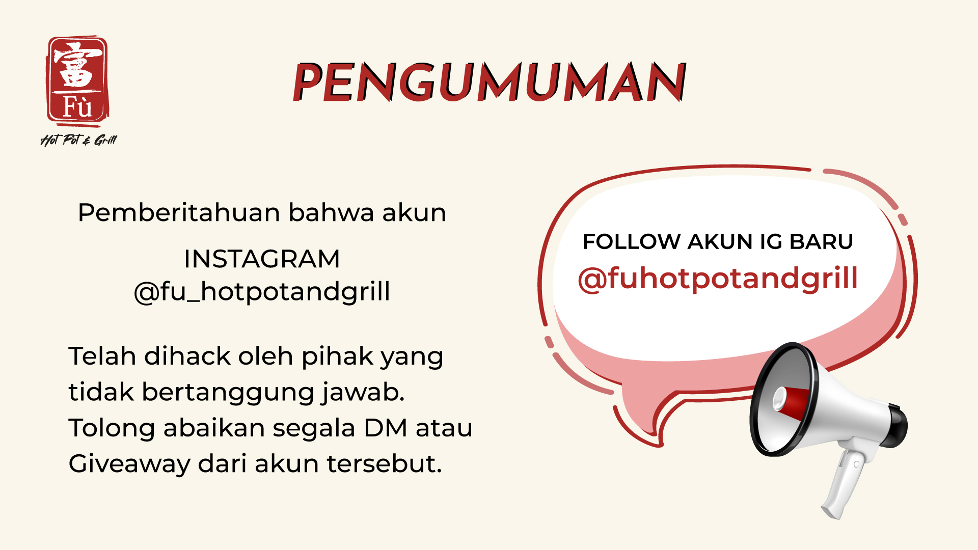 Pemberitahuan Akun Instagram Fu Hot Pot and Grill Restaurant telah di Hack